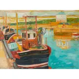 Boats in Harbour by John Bellany, oil on canvas, sold Jan 2020
