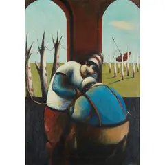 David Schofield, THE MEETING, oil on board