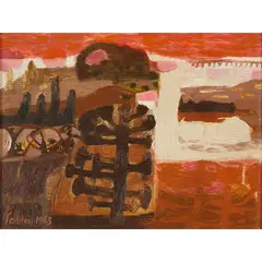 Mary Fedden, A Wooded Landscape, oil on board
