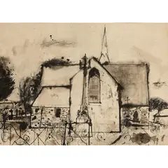 Elizabeth Blackadder, Church in Brittany -1963, ink and wash