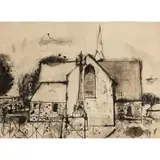 Elizabeth Blackadder, Church in Brittany -1963, ink and wash