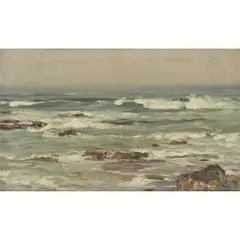 John Campbell Mitchell, Waves Breaking on a Deserted Coastline, oil on canvas
