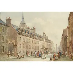 William Simpson, Figures by the Tollbooth, Glasgow, Pen and ink and watercolour