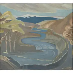 Cecile Walton, River in the hills, Galloway, oil on board