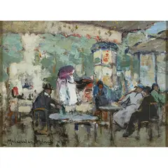 John Maclauchlan Milne, Cafe Scene, Paris, oil on board