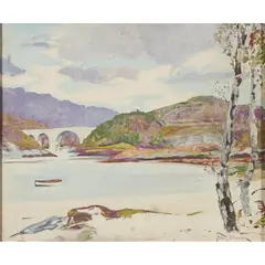 John Duncan, Bridge over the river, oil on board