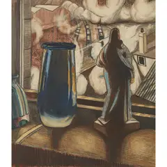 Still life in industrial landscape by James Cowie, pencil and watercolour, sold Dec 2019