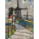 Anne Redpath, Windmills at the Pas de Calais, oil on board