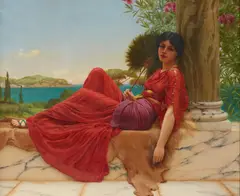 John William Godward, LEANING AGAINST A COLUMN, oil on canvas