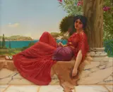 John William Godward, LEANING AGAINST A COLUMN, oil on canvas