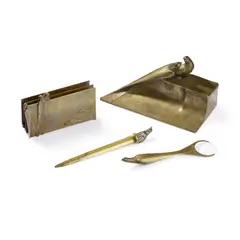 Anton Puchegger, DESK SET, CIRCA 1910, patinated bronze and glass, comprising inkwell, letter stand and magnifying glass