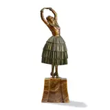 Demetre H. Chiparus, CLÉO THE BALLET DANCER, CIRCA 1925, patinated and gilt bronze, marble base, engraved CHIPARUS, inset lozenge moulded L.N. PARIS J.L