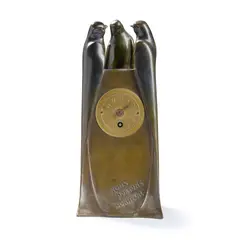 Anton Puchegger, NOUS PORTONS BONHEUR TIMEPIECE, patinated and cold-painted bronze, gilt metal dial, and key
