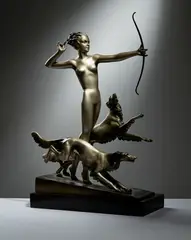 Josef Lorenzl, DIANA THE HUNTRESS, silvered and cold-painted bronze, black onyx base
