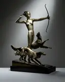 Josef Lorenzl, DIANA THE HUNTRESS, silvered and cold-painted bronze, black onyx base