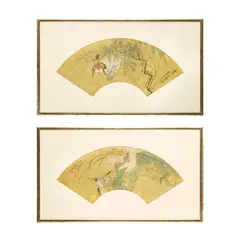 Ren Yi, TWO CHINESE 'BIRD AND FLOWER' FAN PAINTINGS, both ink and colour on gold ground paper, fan-shaped album leaves