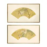 Ren Yi, TWO CHINESE 'BIRD AND FLOWER' FAN PAINTINGS, both ink and colour on gold ground paper, fan-shaped album leaves