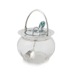 'CYMRIC' JAM POT, COVER AND  SPOON, 1905 by Archibald Knox, glass and enamel, sold Apr 2026