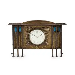 George Walton, ARTS & CRAFTS MANTEL CLOCK, CIRCA 1900, copper and enamel, enclosing a white enamel and painted dial