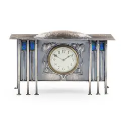 George Walton, MANTEL CLOCK, CIRCA 1910, hammered metal and enamel, later plated and enclosing a white enamel and painted dial