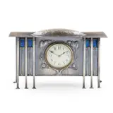 George Walton, MANTEL CLOCK, CIRCA 1910, hammered metal and enamel, later plated and enclosing a white enamel and painted dial