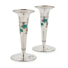 PAIR OF 'CYRMIC' VASES, 1906 by Archibald Knox, enamel, sold Apr 2026