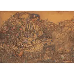 WATERING THE FLOWERS by Annie French, pen & ink, watercolour and bodycolour, sold Oct 2025