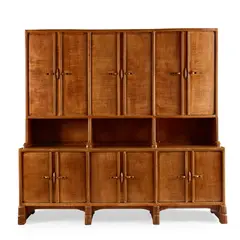 Ernest Gimson, LARGE DRESSER, CIRCA 1917, "The quality of workmanship that has been achieved in this cabinet is testament to the skill of its maker Peter Waals who worked on the cabinet himself from June 1917 to Jan 1918 with some input from apprentices - the price was £70.8.0. Designed by Ernest Gimson with great subtlety for his friend F.L. Griggs it has not been offered to the market before now. The multiple bowed front and carved details and well-matched timbers lend the piece a vitality and lightness which is remarkable for such a substantial piece of furniture." - John Mackie, Head of Design