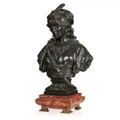 PAIR OF BRONZE BUSTS OF TURKISH PRINCESSES by Adrien Étienne Gaudez, on rouge marble square plinths (2), sold Jan 2025
