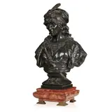 Adrien Étienne Gaudez, PAIR OF BRONZE BUSTS OF TURKISH PRINCESSES, on rouge marble square plinths (2)