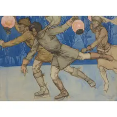 Averil Burleigh, SKATING WITH LANTERNS, pencil, crayon, watercolour, bodycolour and wash on paper