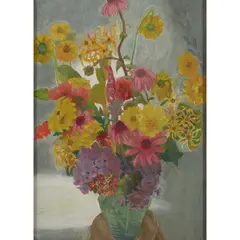 STILL LIFE OF FLOWERS by Joan Warburton, oil on card, sold Jan 2025