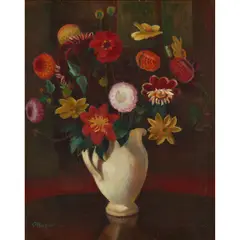 Adrian Allinson, DAHLIAS IN A WHITE JUG, oil on canvas