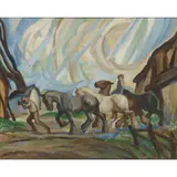 Anton Lock, SHIRE HORSES AND LABOURERS, oil on canvas