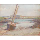 James Bolivar Manson, YACHT MOORED AT LOW TIDE, oil on panel