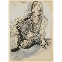 Ceri Richards, SEATED WOMAN, pen & ink with wash on paper