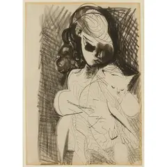 Ceri Richards, GIRL WITH CAT, pen & ink, wash and charcoal on paper