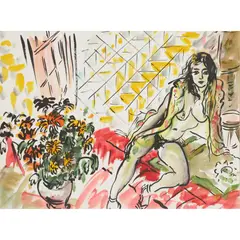 Edward Piper, JAY LEANING, FLOWERED SCARF, PATCHWORK, 1988, Indian ink and watercolour on paper