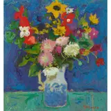 Alberto Morrocco, FLOWERS ON A BLUE GROUND, oil on panel