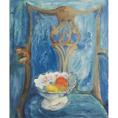 Florence May Asher, STILL LIFE, CHAIR AND BOWL OF FRUIT, oil on panel