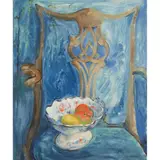 Florence May Asher, STILL LIFE, CHAIR AND BOWL OF FRUIT, oil on panel