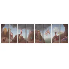Harry Holland, MYTHOLOGICAL FRIEZE (DANAË; GANYMEDE; IO; PROMETHEUS & ATALANTA; DIANA & ACTAEON; ICARUS; DAPHNE; THESEUS & ARIADNE) - COMMISSION FOR BERNARD & MIRABEL KELLY, 2002, oil on panel in bespoke frames (accompanied by a suite of sample paintings by the artist, submitted for Bernard & Mirabel's approval)