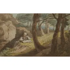 HERMIT READING by John White Abbott, watercolour and ink on paper, sold Mar 2025