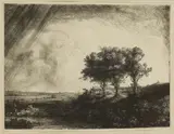 Rembrandt Harmenszoon van Rijn, THE THREE TREES (B., HOLL. 212; NEW HOLL. 214; H. 205), 1643, etching with engraving and drypoint, on laid paper, watermark Foolscap with five-pointed Collar (Hinterding A-a-a), New Hollstein's only state, a brilliant, early impression of this highly important subject, printing very richly and darkly