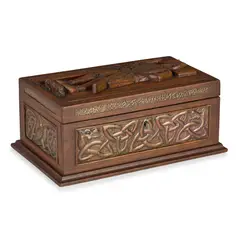 Alexander Ritchie, RARE CELTIC REVIVAL COFFER, CIRCA 1920, carved walnut, set with repoussé-decorated copper panels