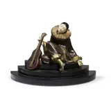 André Gilbert, PIERROT WITH GUITAR, patinated and cold-painted bronze, ivory, stepped black marble base
