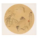 Ren Yi, BIRD ON RICE PLANT, ink and slight colour on silk, circular fan leaf