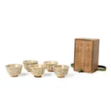 Otagaki, SET OF FIVE INSCRIBED STONEWARE SAKE CUPS, each carved on the exterior with poem, covered in a ivory tinged glaze with fine craquelure