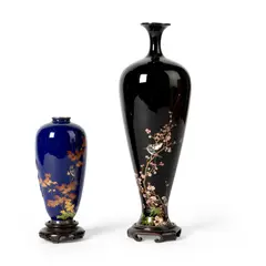Namikawa Yasuyuki, TWO FINE CLOISONNE ENAMEL VASES, MEIJI PERIOD, the other one intricately worked in colourful enamel and gold wire with two birds perched on prunus branches and bamboo leaves against a black ground, the base signed with chiselled characters of the same mark
