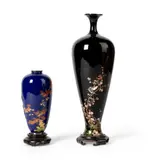 Namikawa Yasuyuki, TWO FINE CLOISONNE ENAMEL VASES, MEIJI PERIOD, the other one intricately worked in colourful enamel and gold wire with two birds perched on prunus branches and bamboo leaves against a black ground, the base signed with chiselled characters of the same mark